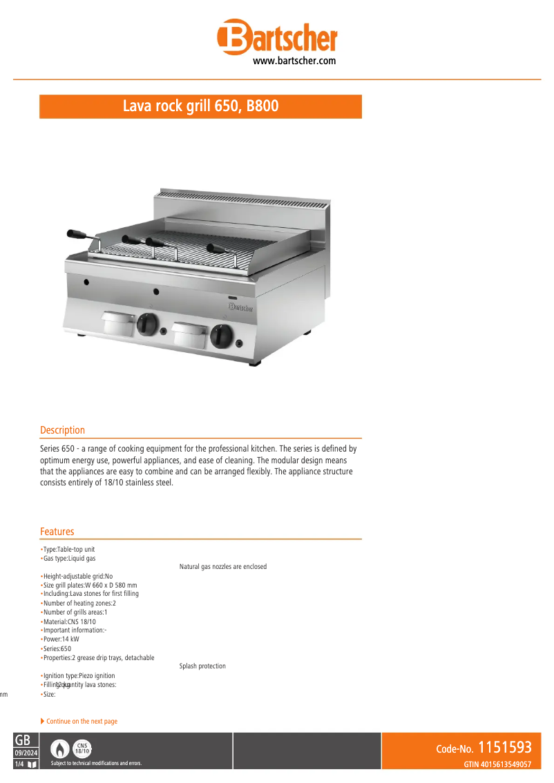 Page n°1 - Fiche technique Bartscher 1151593