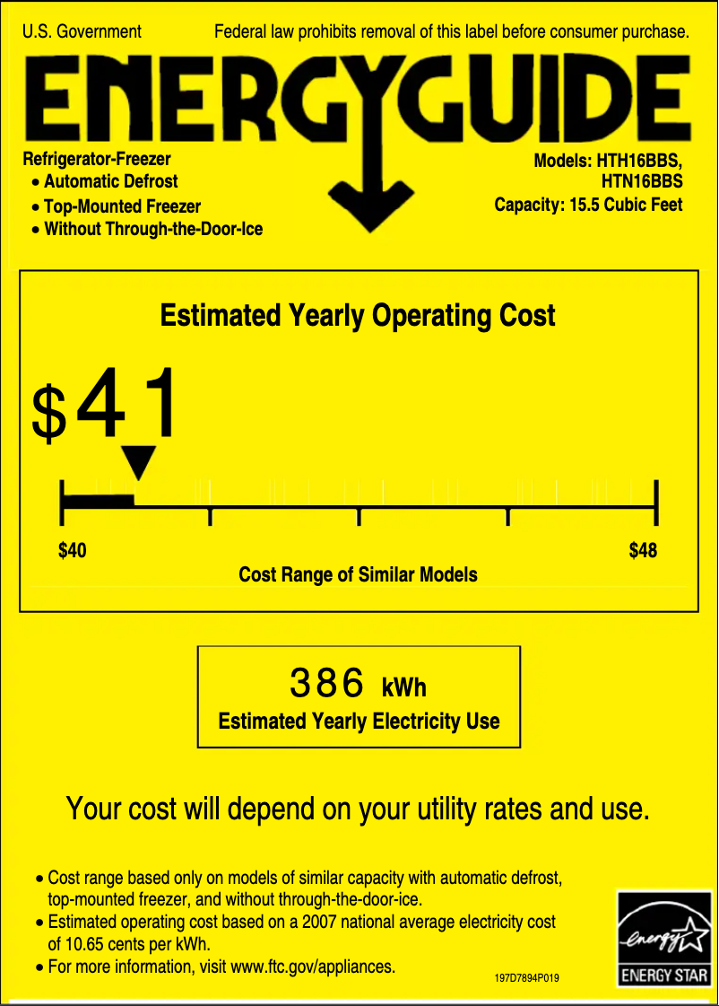 Page 1 de la notice Label énergétique Hotpoint HTH16BBSRWW