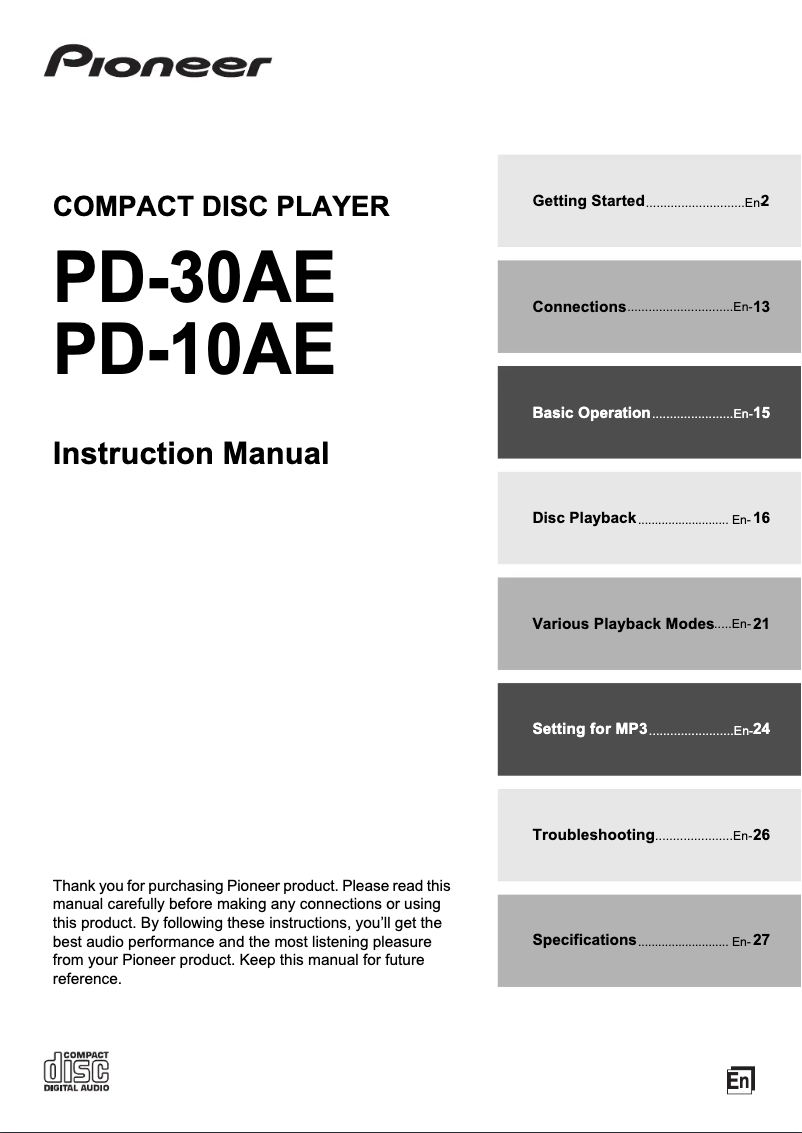 Page 1 de la notice Manuel utilisateur Pioneer PD-10AE-S