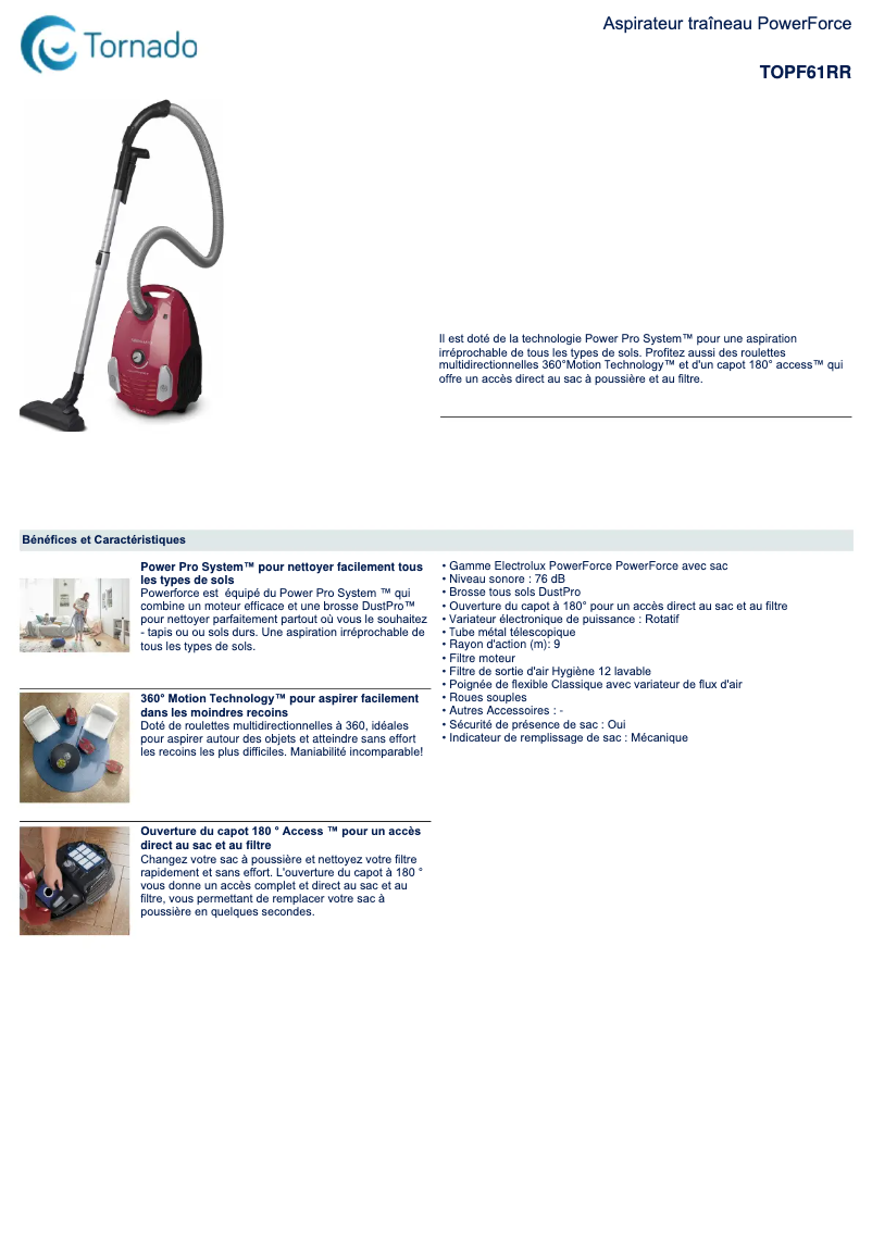 Page 1 de la notice Fiche technique Electrolux TOPF61RR