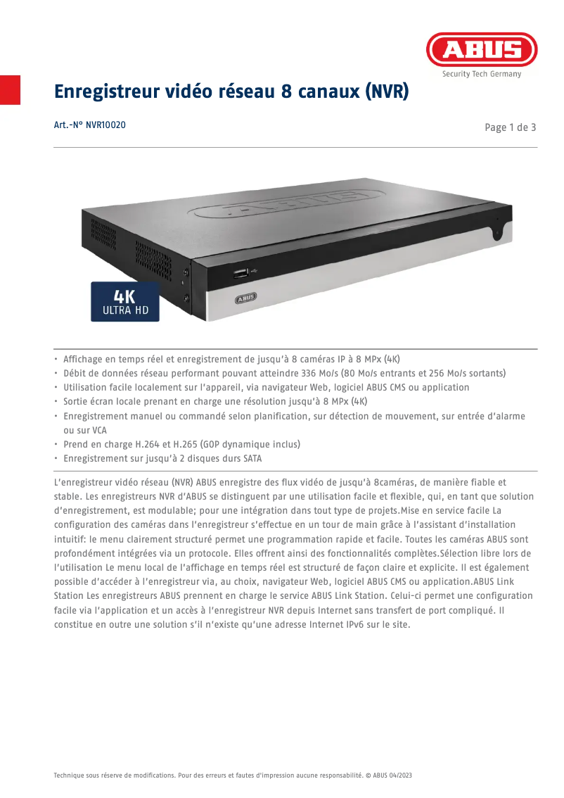 Page 1 de la notice Fiche technique Abus NVR10020