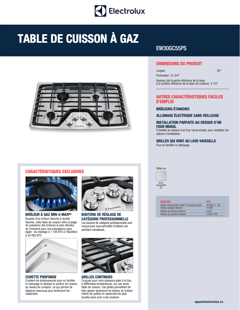 Page 1 de la notice Fiche technique Electrolux EW30GC55PB