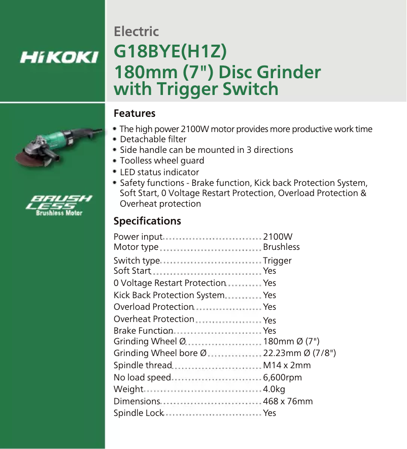 Page n°1 - Fiche technique HiKOKI G18BYE