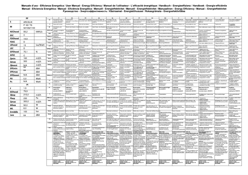 Page n°1 - Fiche technique Arçelik P 181 TS
