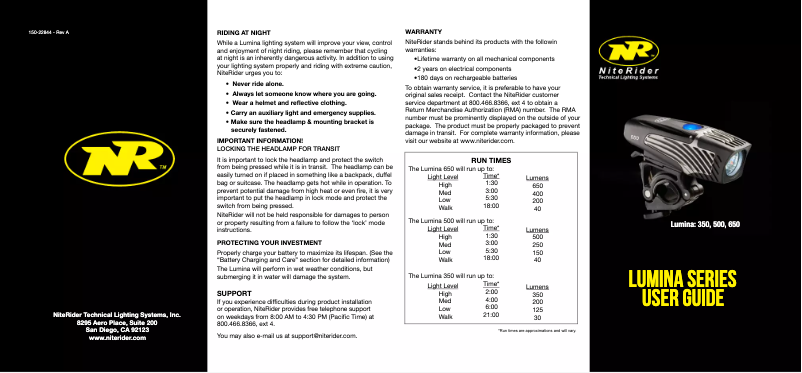 Page 1 de la notice Manuel utilisateur NiteRider Lumina 650