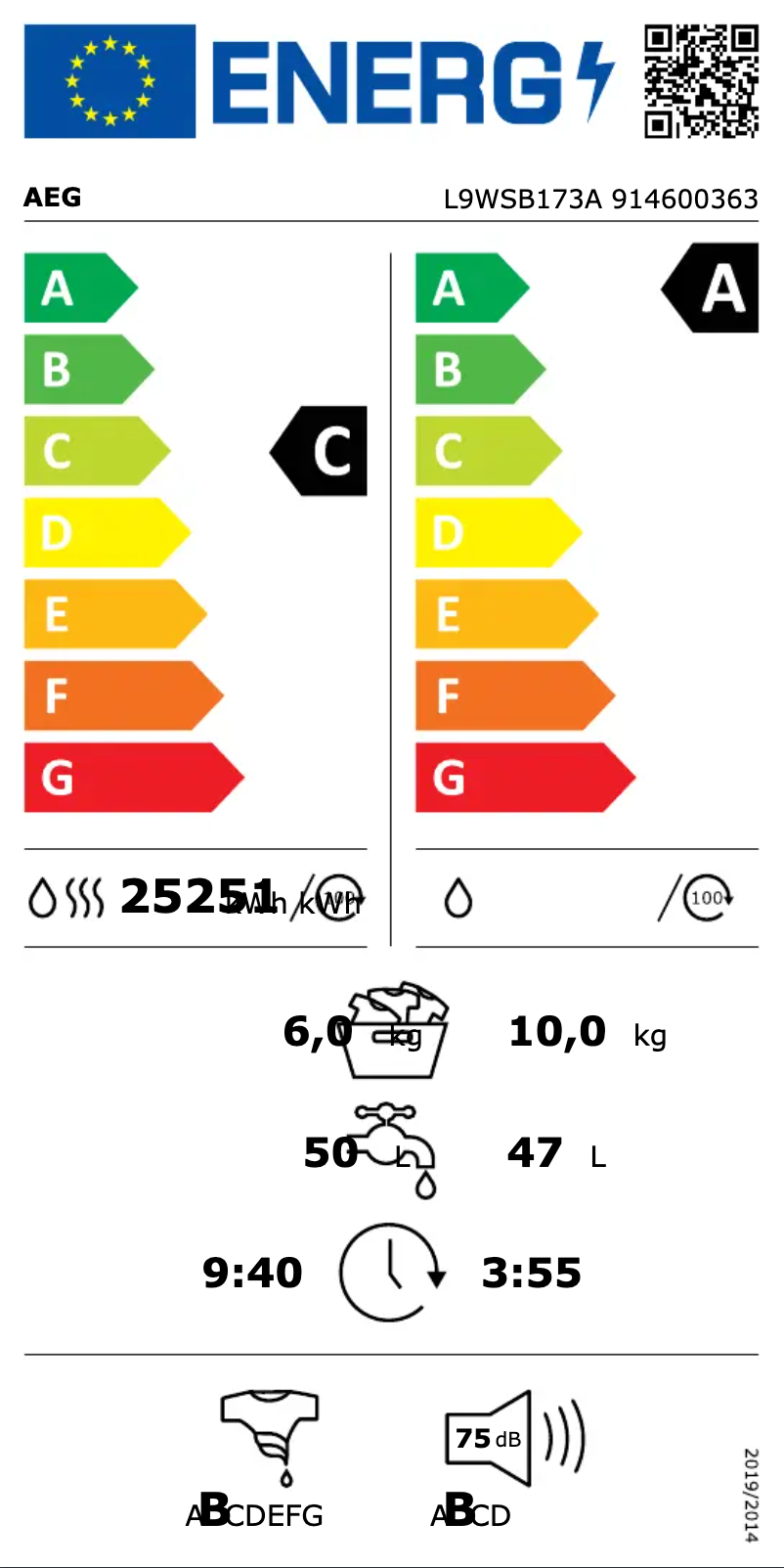 Page n°1 - Label énergétique AEG L9WSB173A