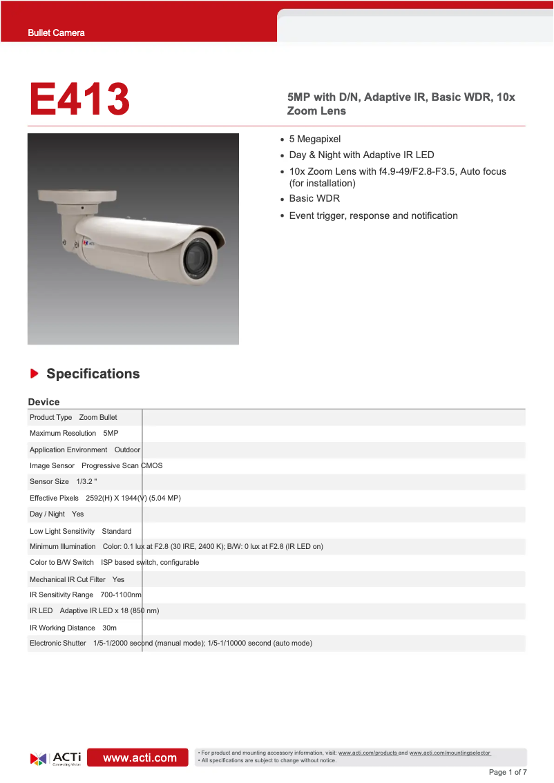 Page n°1 - Fiche technique ACTi E413