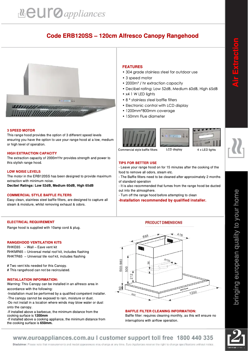 Page 1 de la notice Fiche technique Euro Appliances ERB120SS