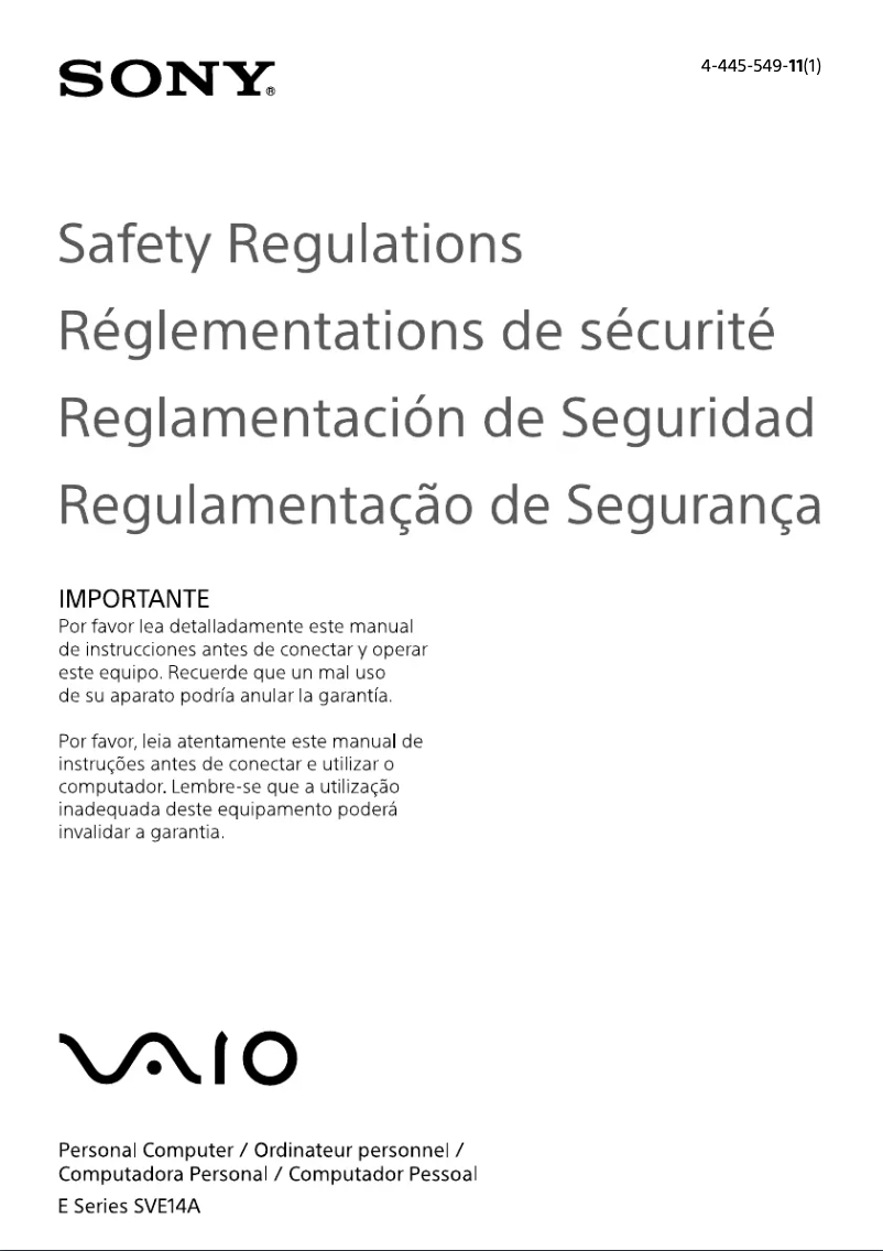 Page n°1 - Instructions de sécurité Sony Vaio SVE14A15FDB