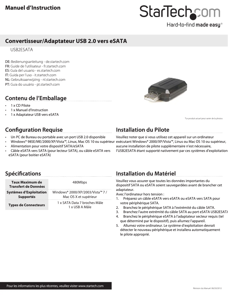 Image de la première page du manuel de l'appareil USB2ESATA