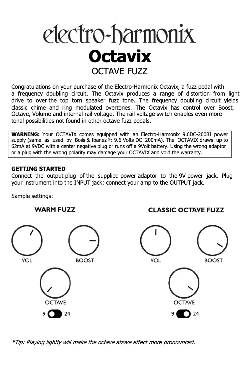 Page 1 de la notice Manuel utilisateur Electro Harmonix Octavix