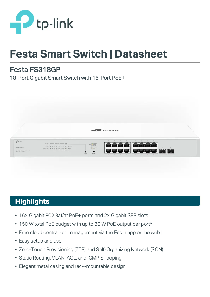 Page n°1 - Fiche technique TP-Link Festa FS318GP