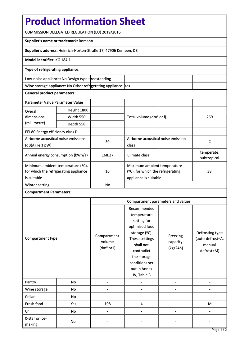 Page 1 de la notice Fiche technique Bomann KG 184.1