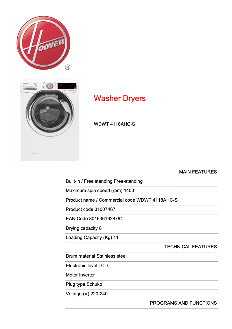 Page n°1 - Fiche technique Hoover WDWT 4118AHC-S
