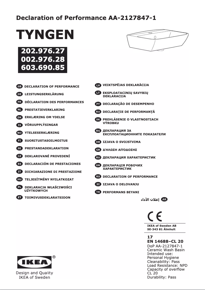 Page 1 de la notice Mode d'emploi Ikea TYNGEN