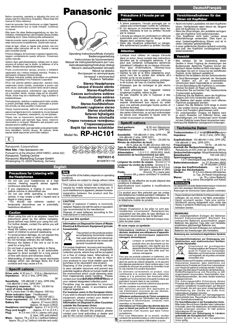 Página 1 del manual Manual de usuario Panasonic RP-HC101E