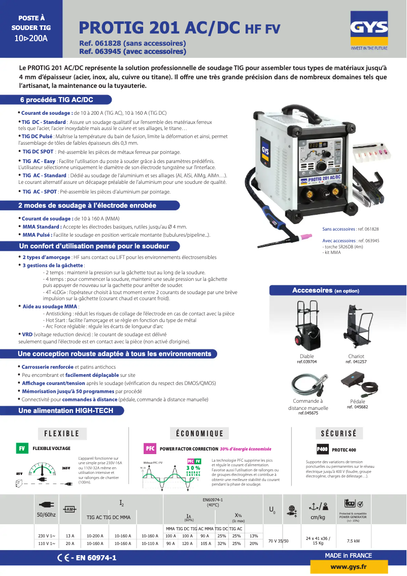 Page 1 de la notice Fiche technique GYS Protig 201 AC/DC