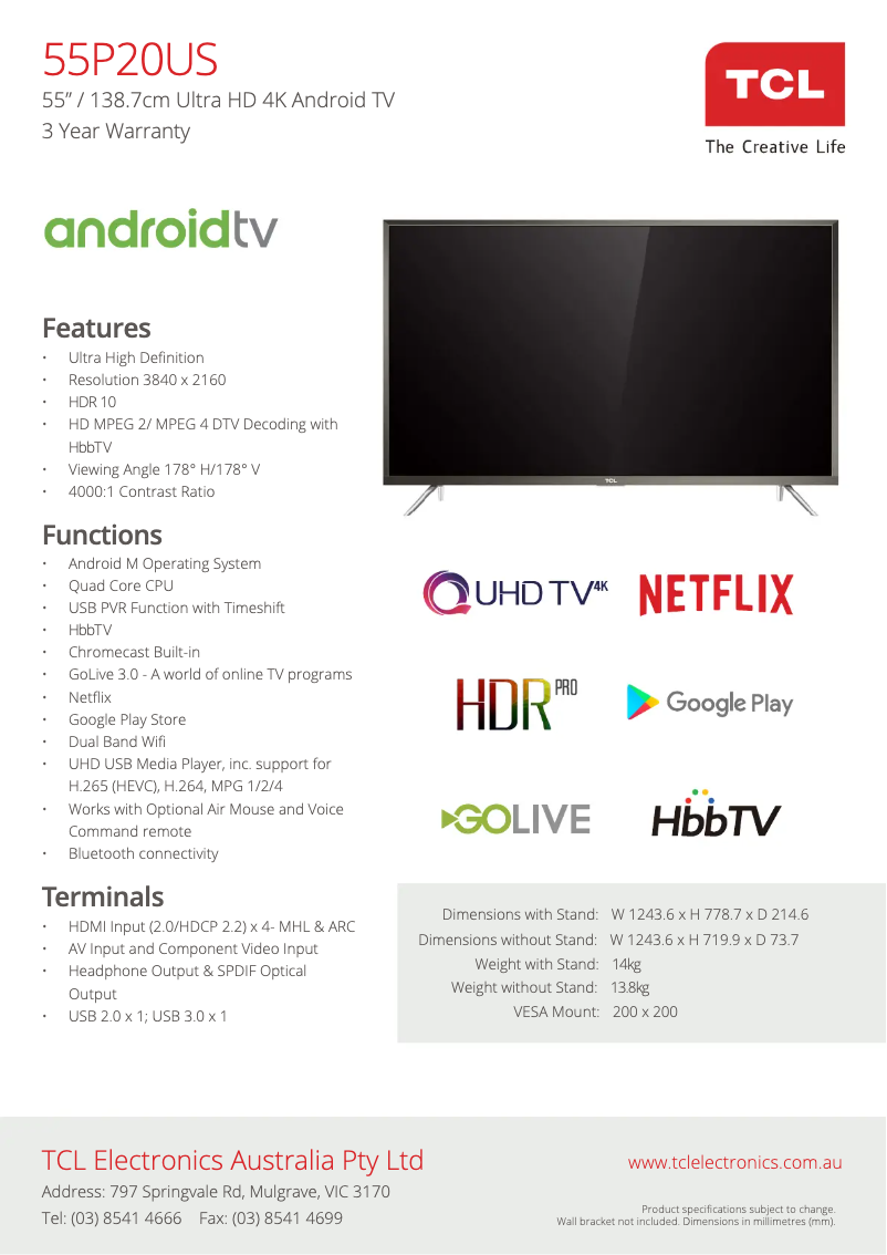 Page 1 de la notice Fiche technique TCL 55P20US