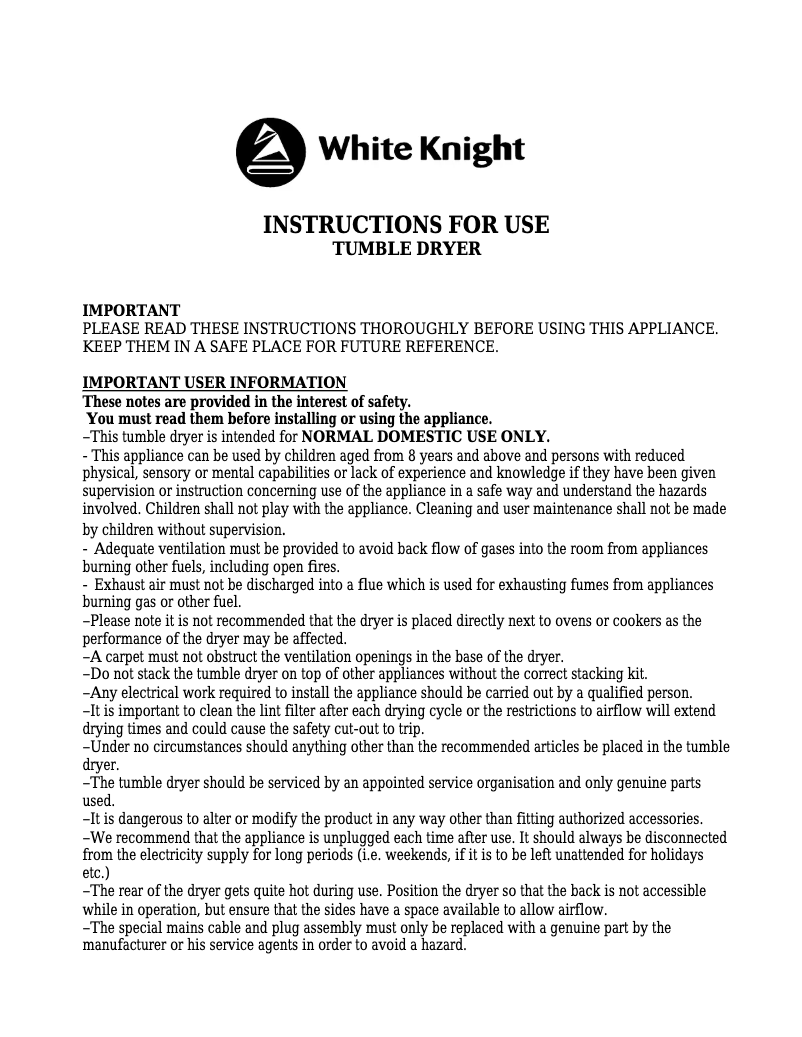 Page 1 de la notice Manuel utilisateur White Knight C43AW