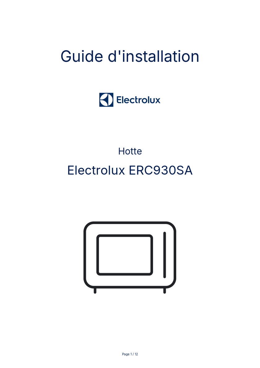 Page n°1 - Guide d'installation Electrolux ERC930SA