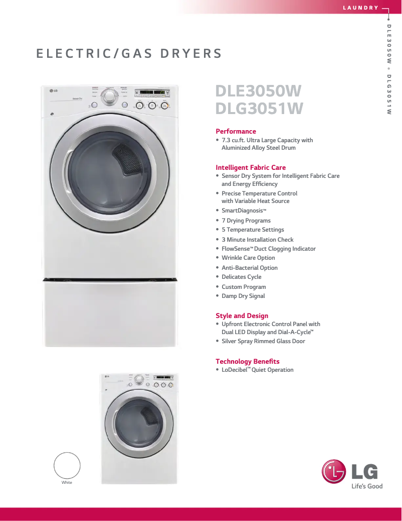 Page 1 de la notice Fiche technique LG DLE3050W