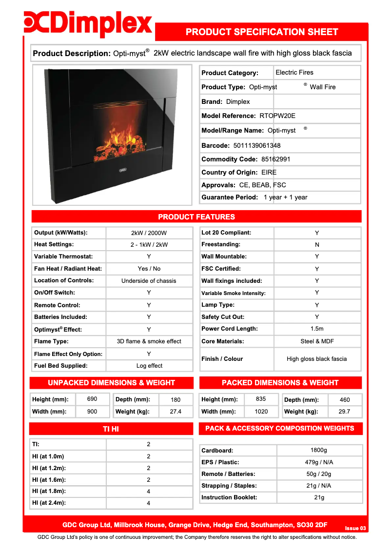 Page 1 de la notice Fiche technique Dimplex RTOPW20E