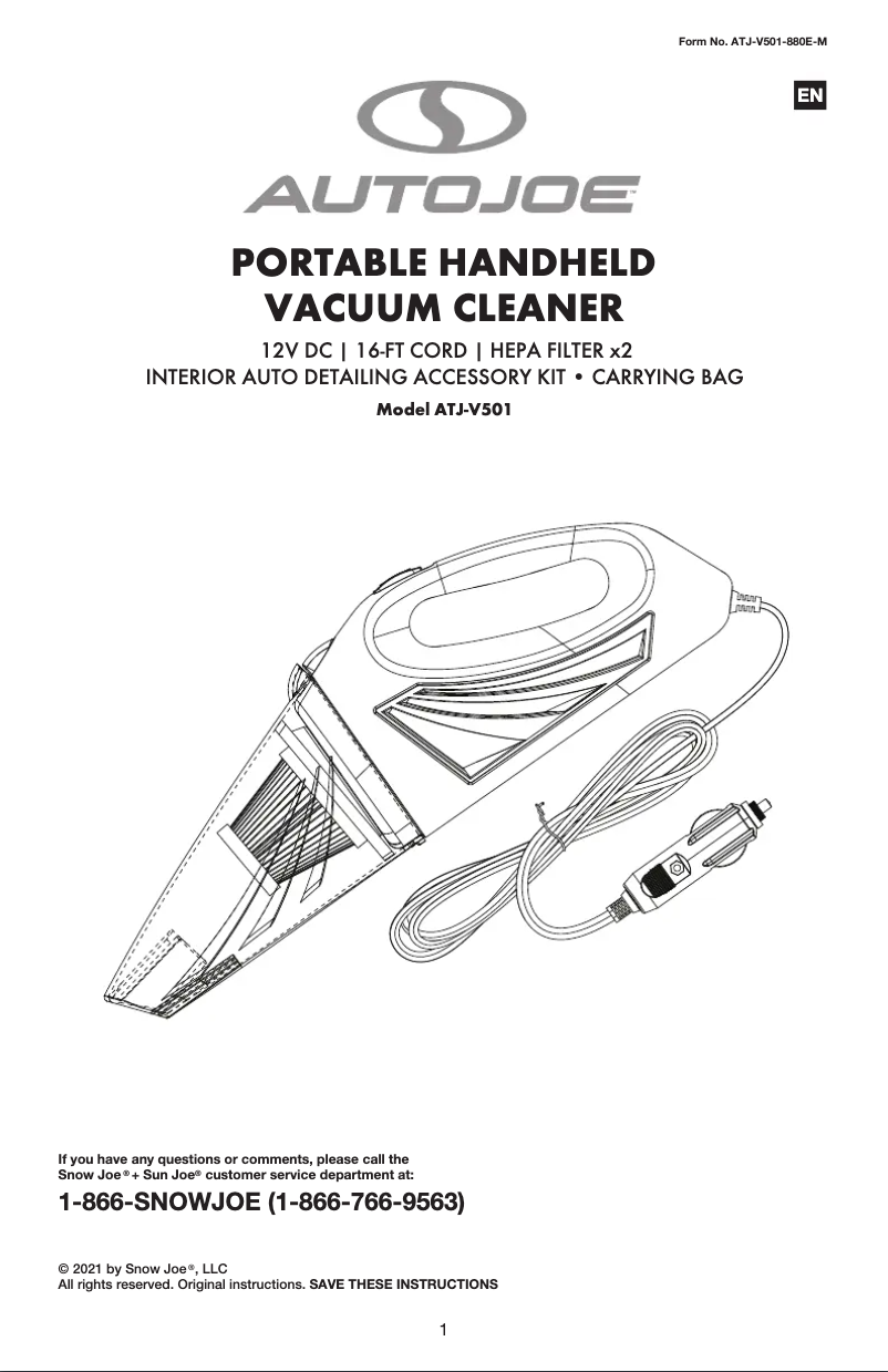 Page 1 de la notice Manuel utilisateur Sun Joe ATJ-V501