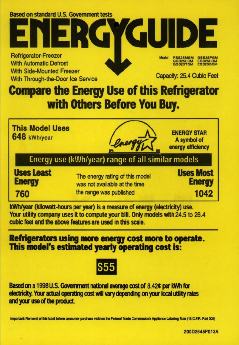 Page 1 de la notice Label énergétique GE PSS25MGMCC