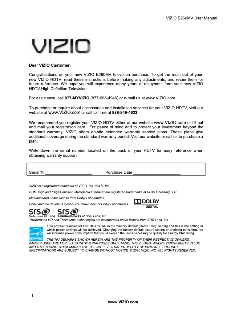 Page 1 de la notice Manuel utilisateur VIZIO E260MV