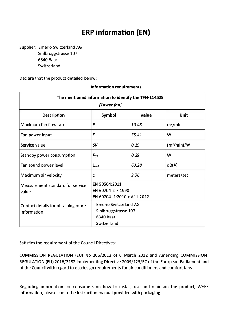 Page 1 de la notice Fiche technique Emerio TFN-114529