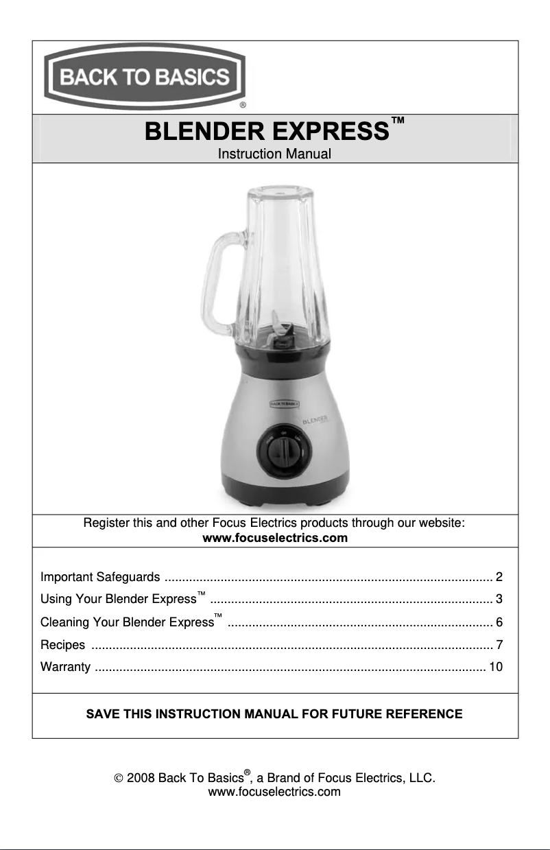 Page 1 de la notice Manuel utilisateur Back to Basics Blender Express