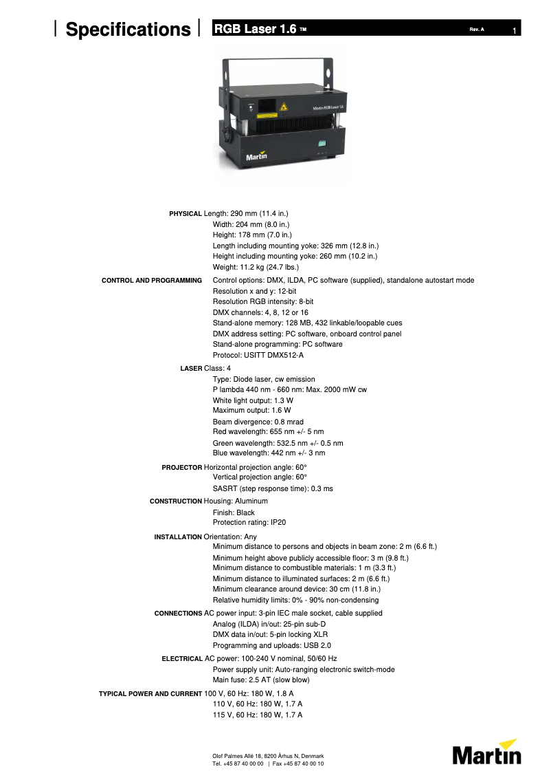 Page 1 de la notice Fiche technique Martin RGB Laser 1 6