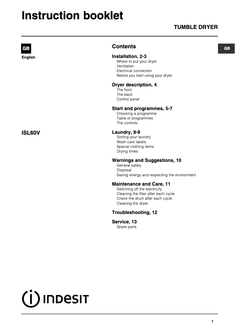 Page n°1 - Manuel utilisateur Indesit ISL 60 V (UK)