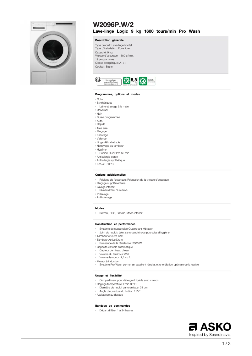Page n°1 - Fiche technique Asko W2096PW2