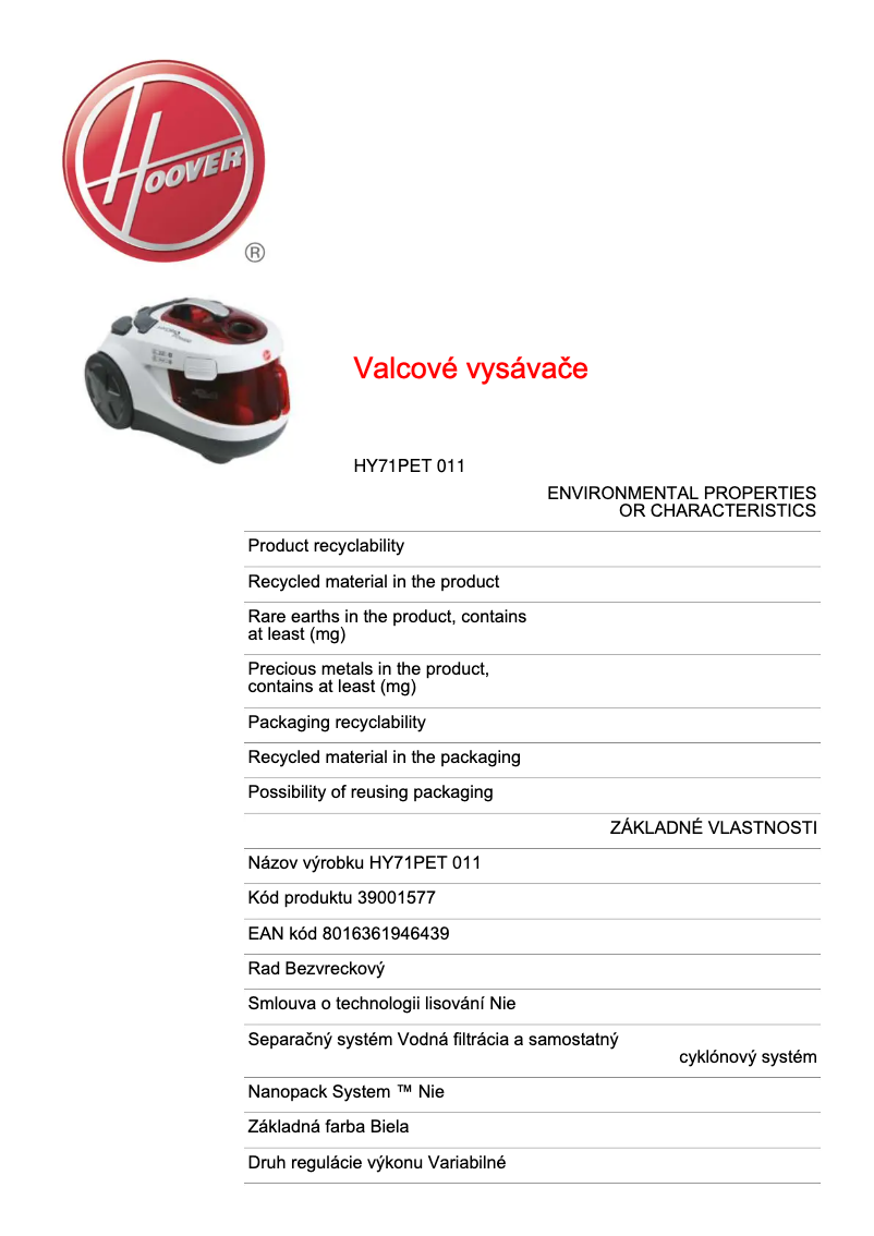 Page 1 de la notice Fiche technique Hoover HY71PET 011
