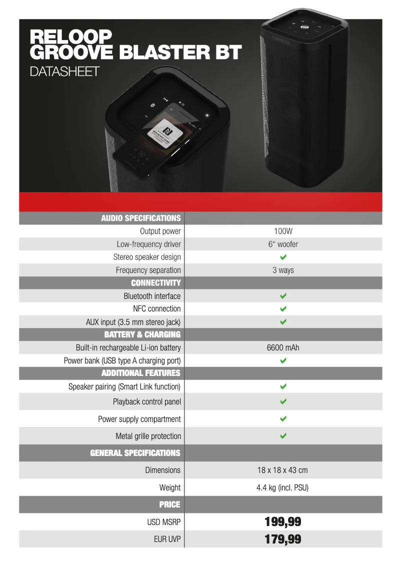 Page 1 de la notice Fiche technique Reloop Groove Blaster BT