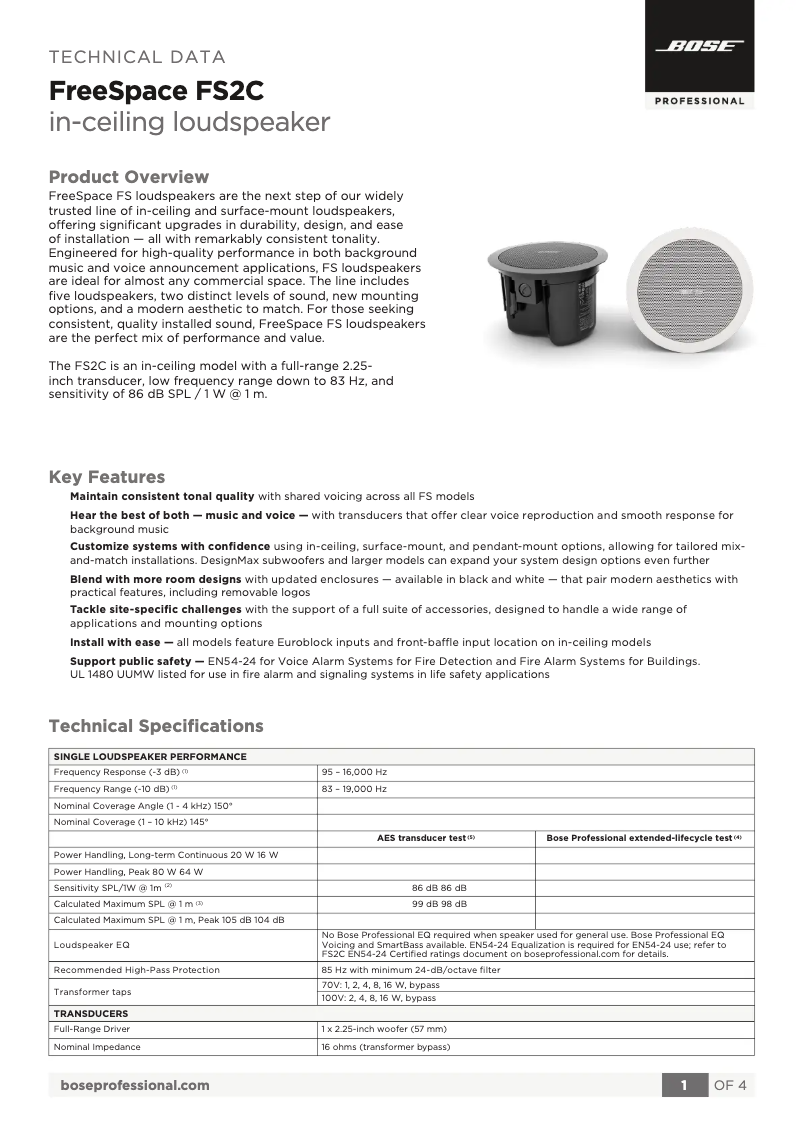 Page 1 de la notice Fiche technique Bose FreeSpace FS2C