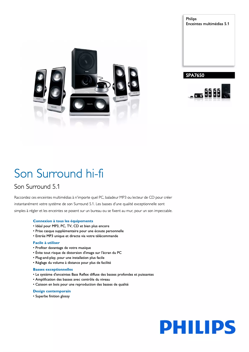 Page 1 de la notice Fiche technique Philips SPA7650