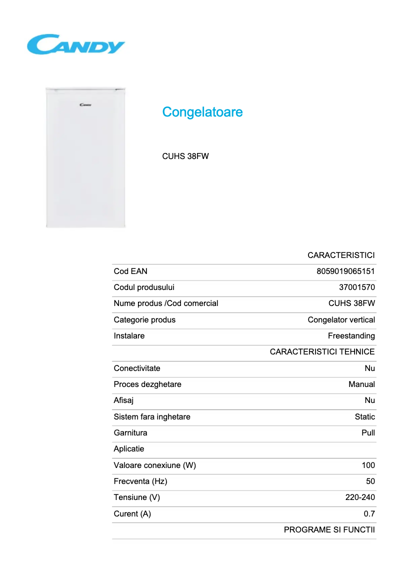 Page 1 de la notice Fiche technique Candy CUHS 38FW