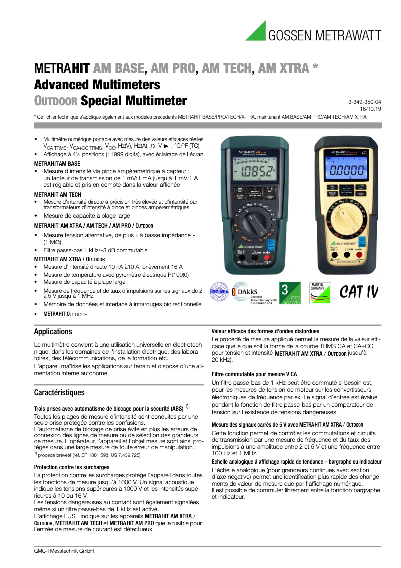 Page 1 de la notice Fiche technique Gossen Metrawatt Metrahit Outdoor