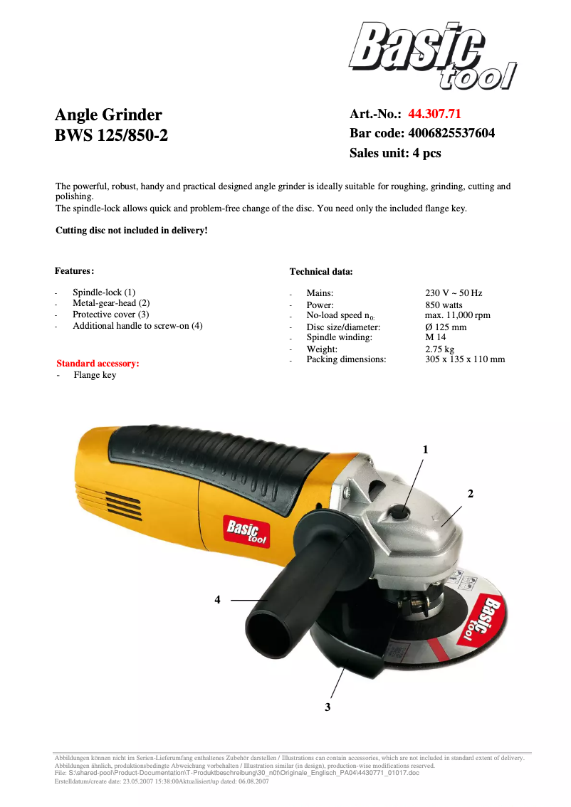 Page 1 de la notice Manuel utilisateur Basic tool BWS 125/850-2