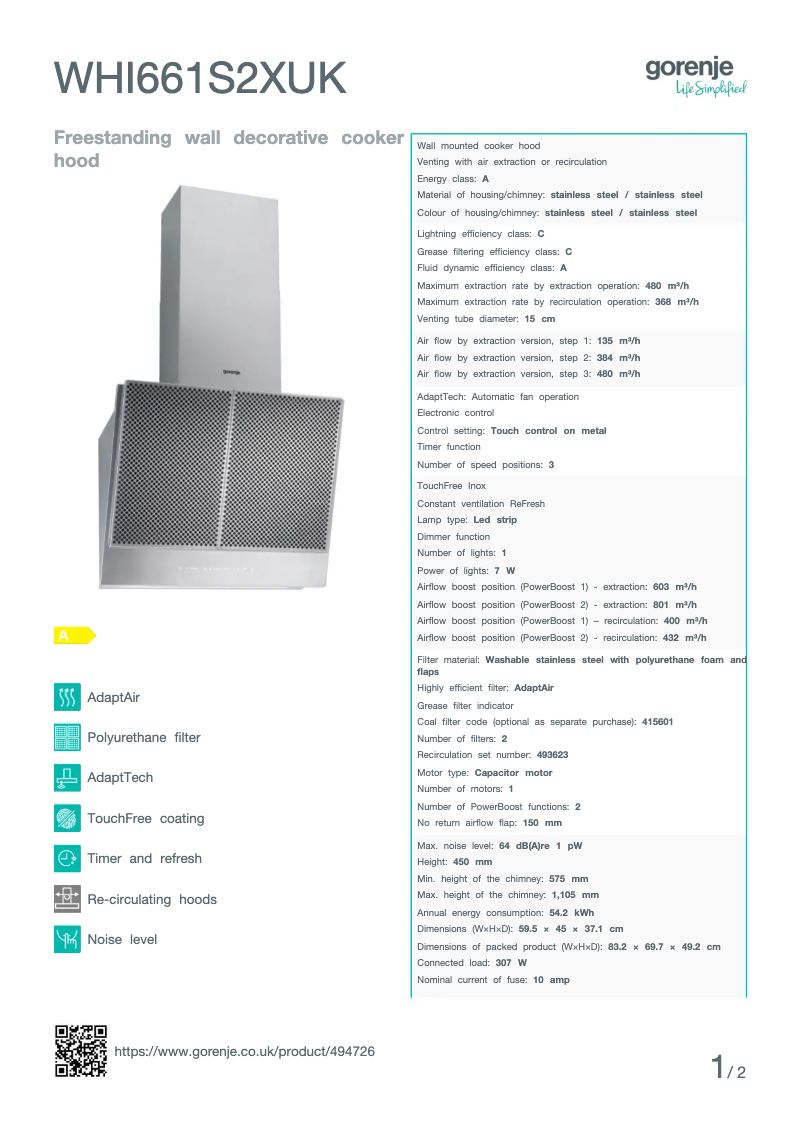 Page n°1 - Fiche technique Gorenje WHI661S2XUK