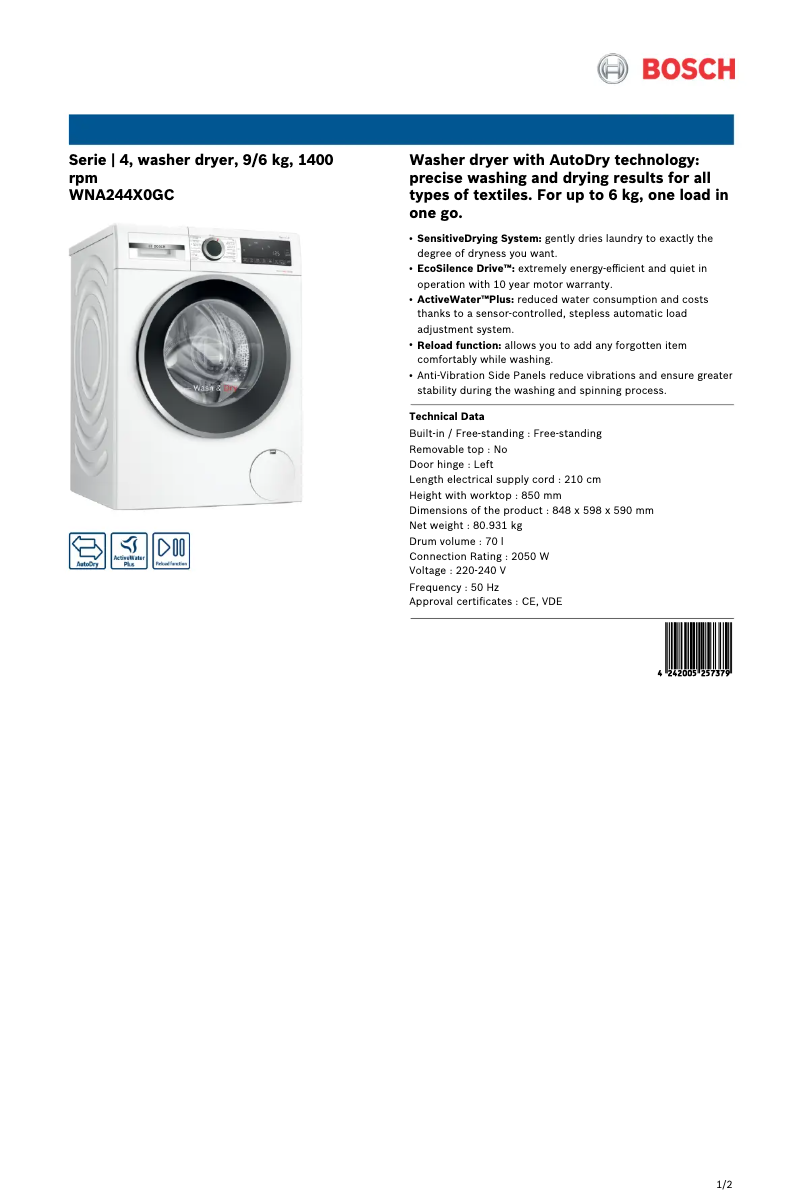 Página 1 del manual Ficha técnica Bosch WNA244X0GC