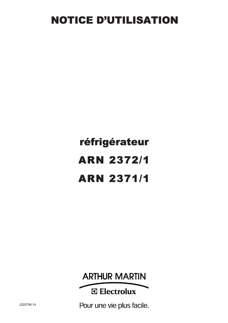 Page 1 de la notice Manuel utilisateur Arthur Martin-Electrolux ARN2372