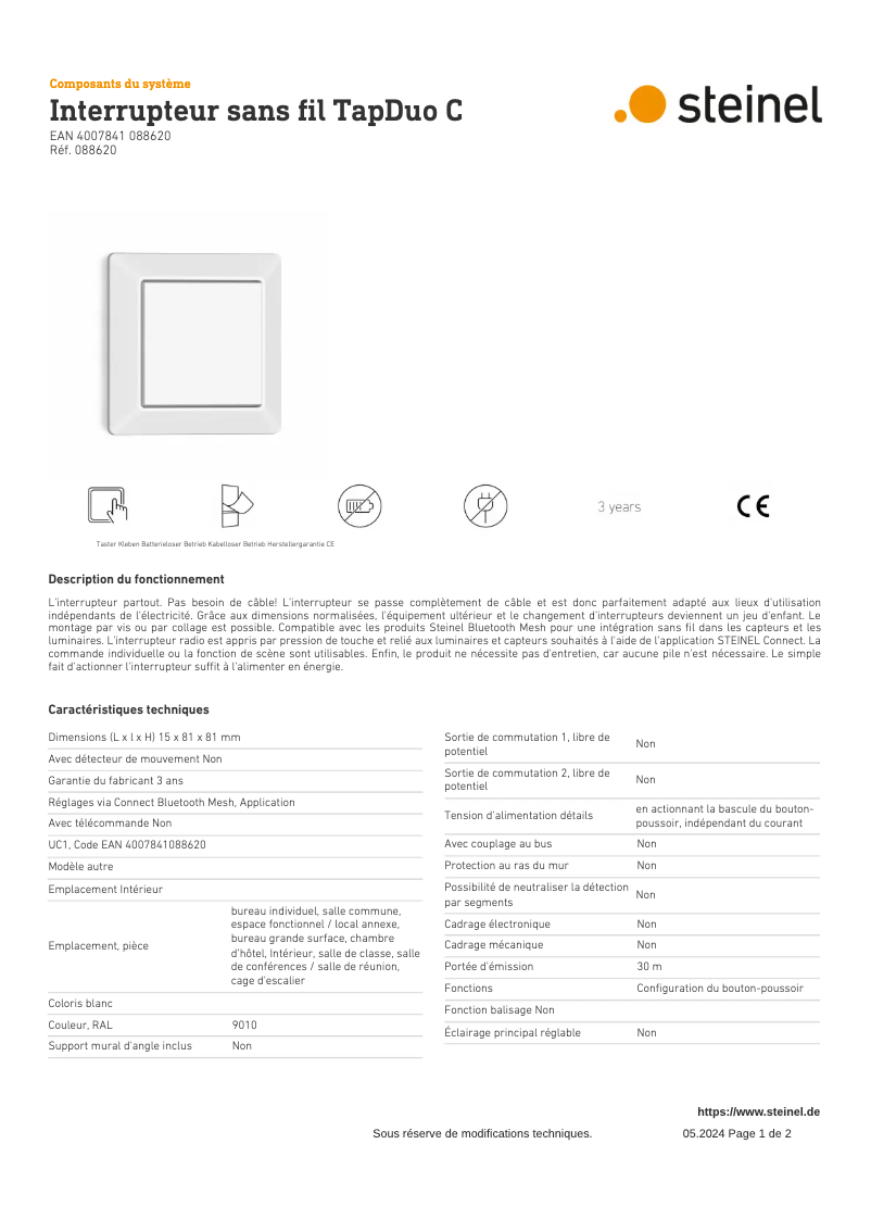 Page 1 de la notice Fiche technique Steinel TapDuo C