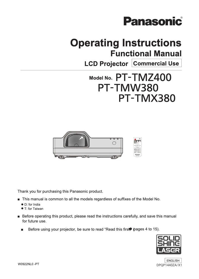Page n°1 - Manuel utilisateur Panasonic PT-TMW380
