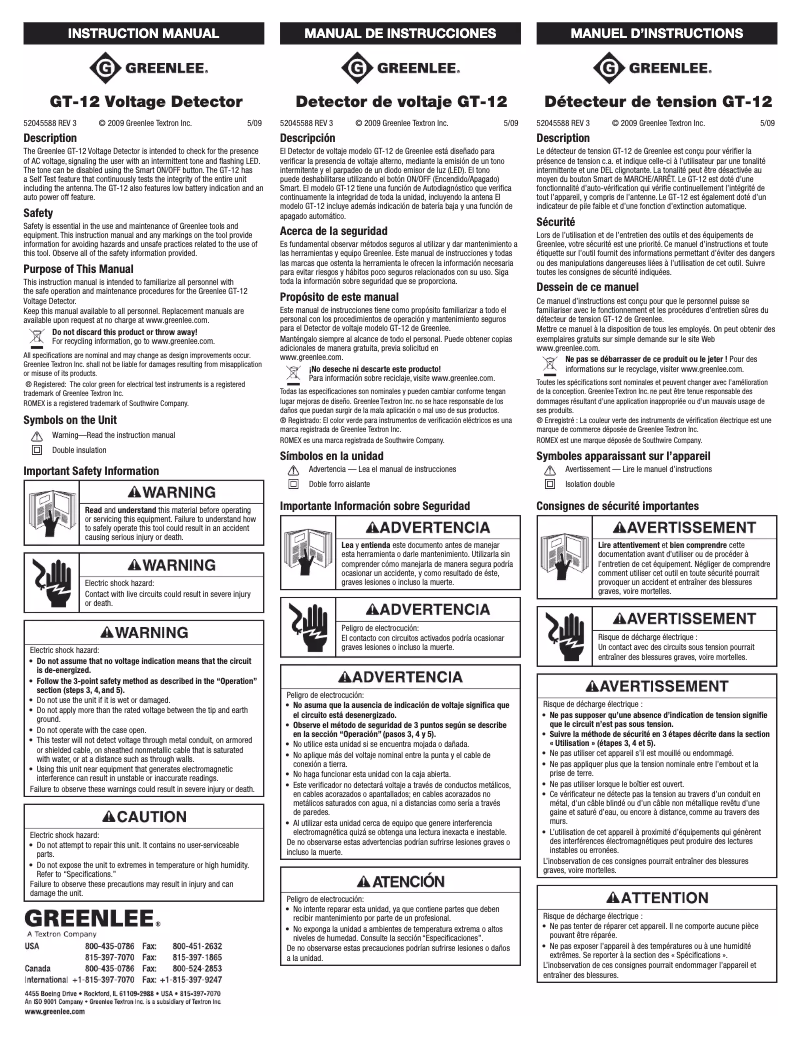 Página 1 del manual Manual de usuario Greenlee GT-12