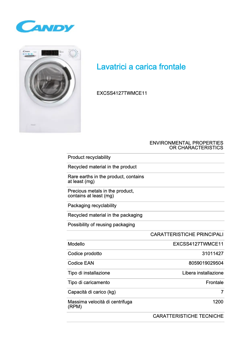 Page n°1 - Fiche technique Candy EXCSS4127TWMCE11
