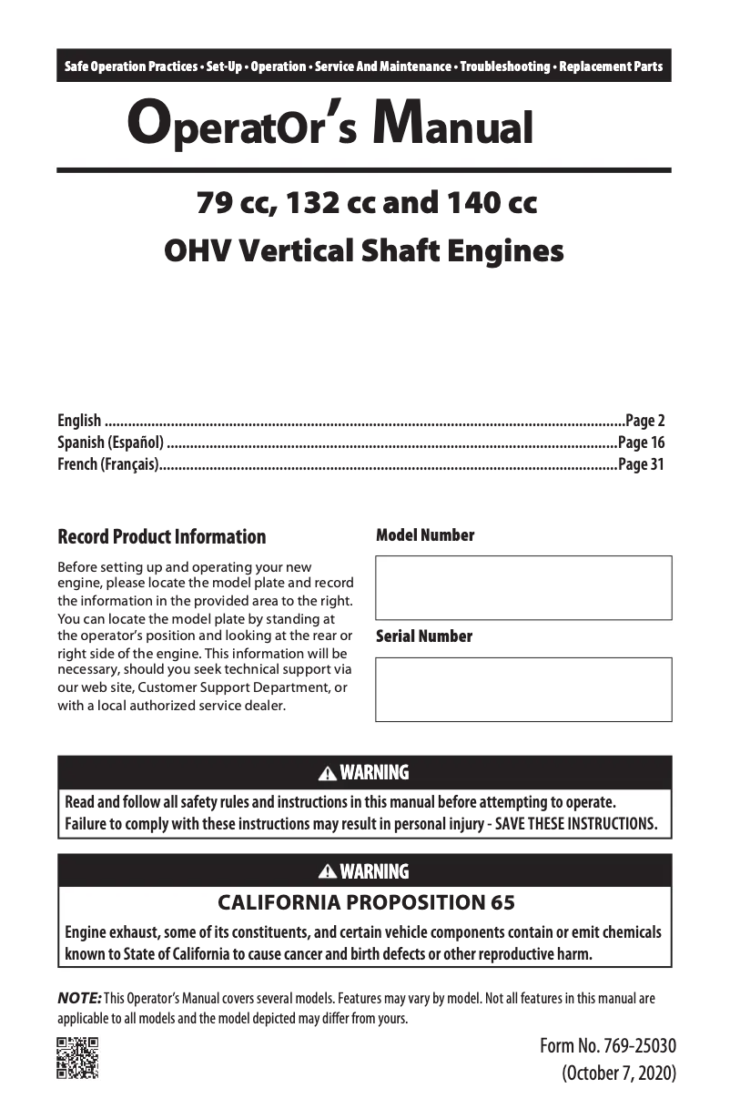 Page n°1 - Manuel utilisateur Troy-Bilt TBE550