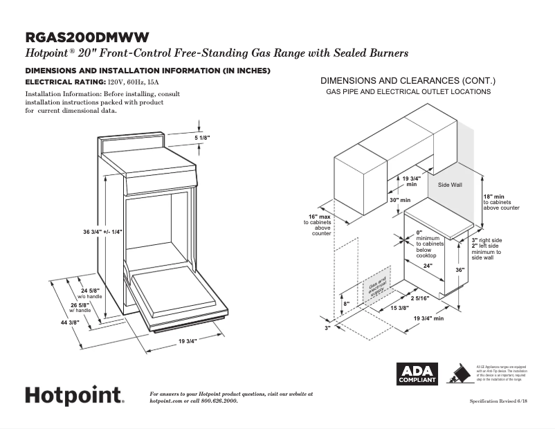 Page 1 of the manual Technical Sheet GE RGAS200DMWW